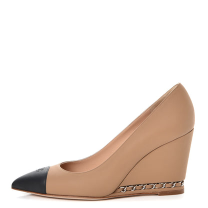 Chanel Calfskin Cap Toe Chain Wedge Pumps 39.5 Marron Clair Black 1 of 10