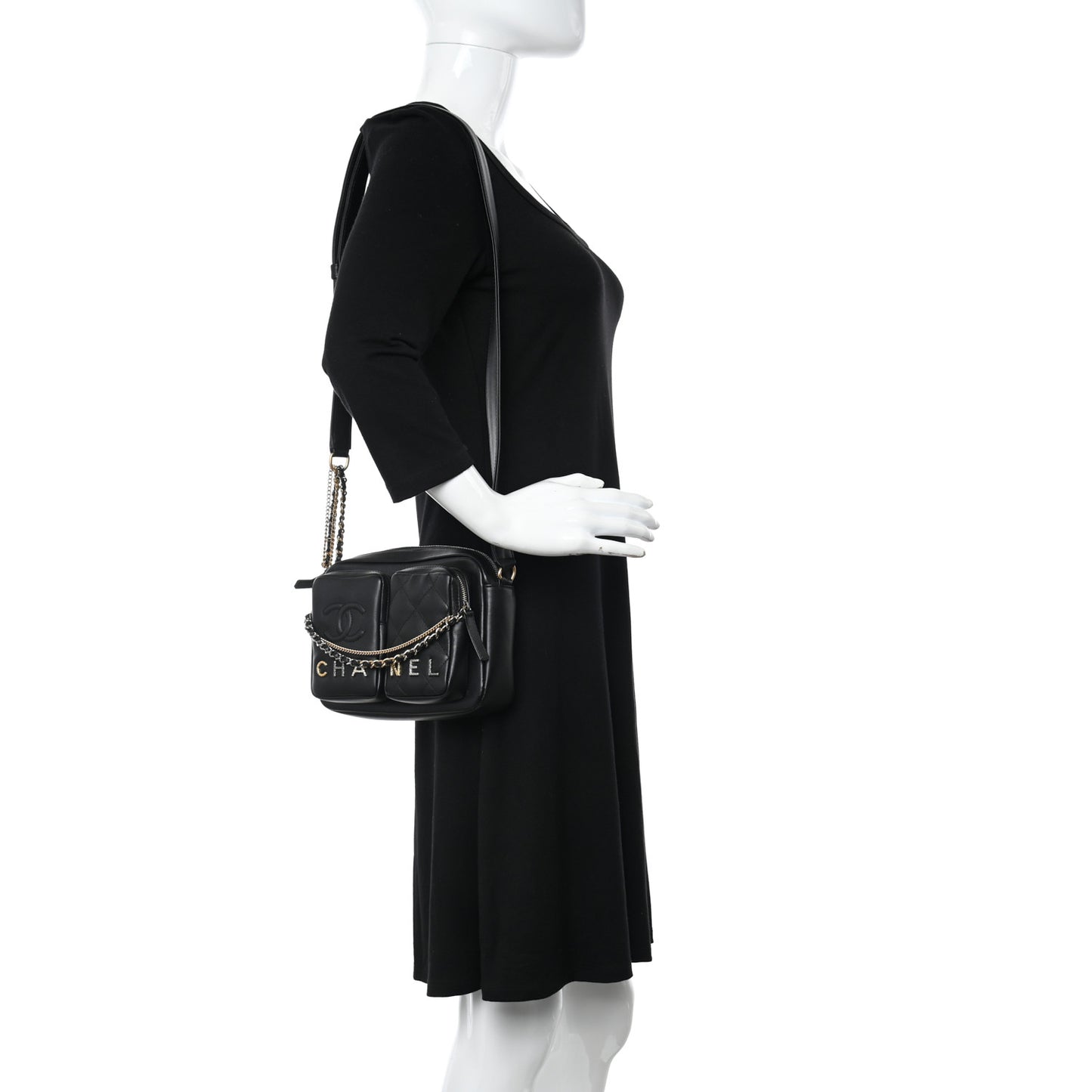 Calfskin Quilted Small Camera Case Black