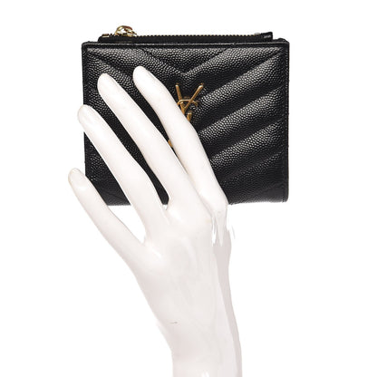 Saint Laurent Grain De Poudre Matelasse Chevron Monogram Zipped Card Case Black 2 of 8