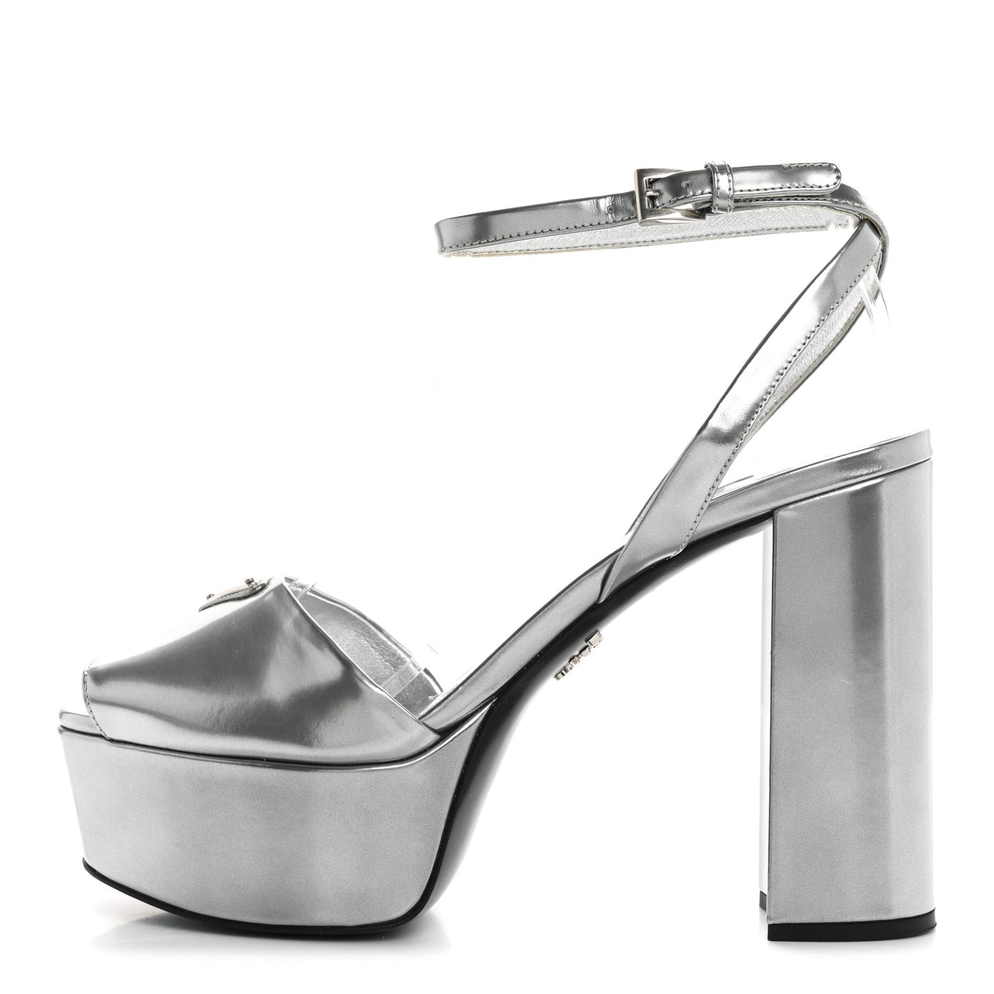 Metallic Calfskin Metal Triangle Logo Ankle Strap 40/115mm Platform Sandals 38 Silver