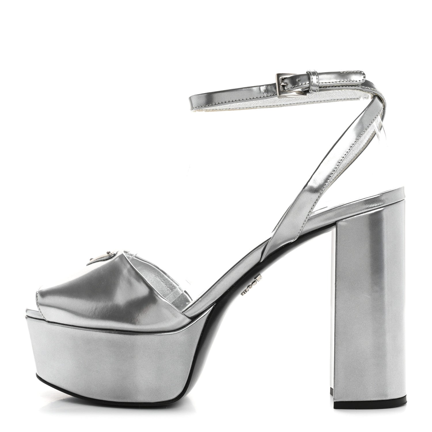Prada Metallic Calfskin Metal Triangle Logo Ankle Strap 40/115mm Platform Sandals 38 Silver 1 of 11