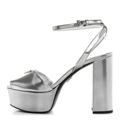 Prada Metallic Calfskin Metal Triangle Logo Ankle Strap 40/115mm Platform Sandals 38 Silver 1 of 11
