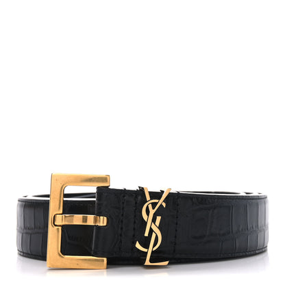 Saint Laurent Calfskin Crocodile Embossed Monogram Square Buckle Belt 100 40 Black 1 of 6
