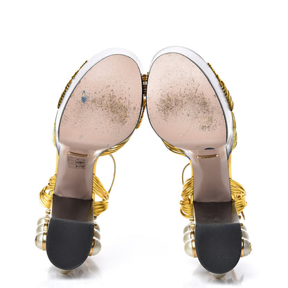 Gucci Malaga Kid Pearl Knot Platform Sandals 37 Black Gold 6 of 11