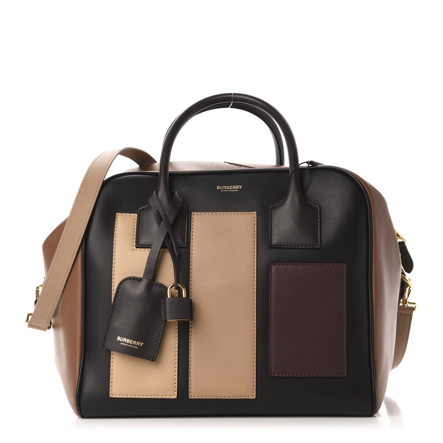 Smooth Calfskin Paneled Medium Cube Bowling Bag Black