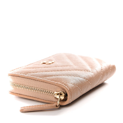 Chanel Glazed Lambskin Chevron Quilted Zip Around Coin Purse Beige 3 of 10