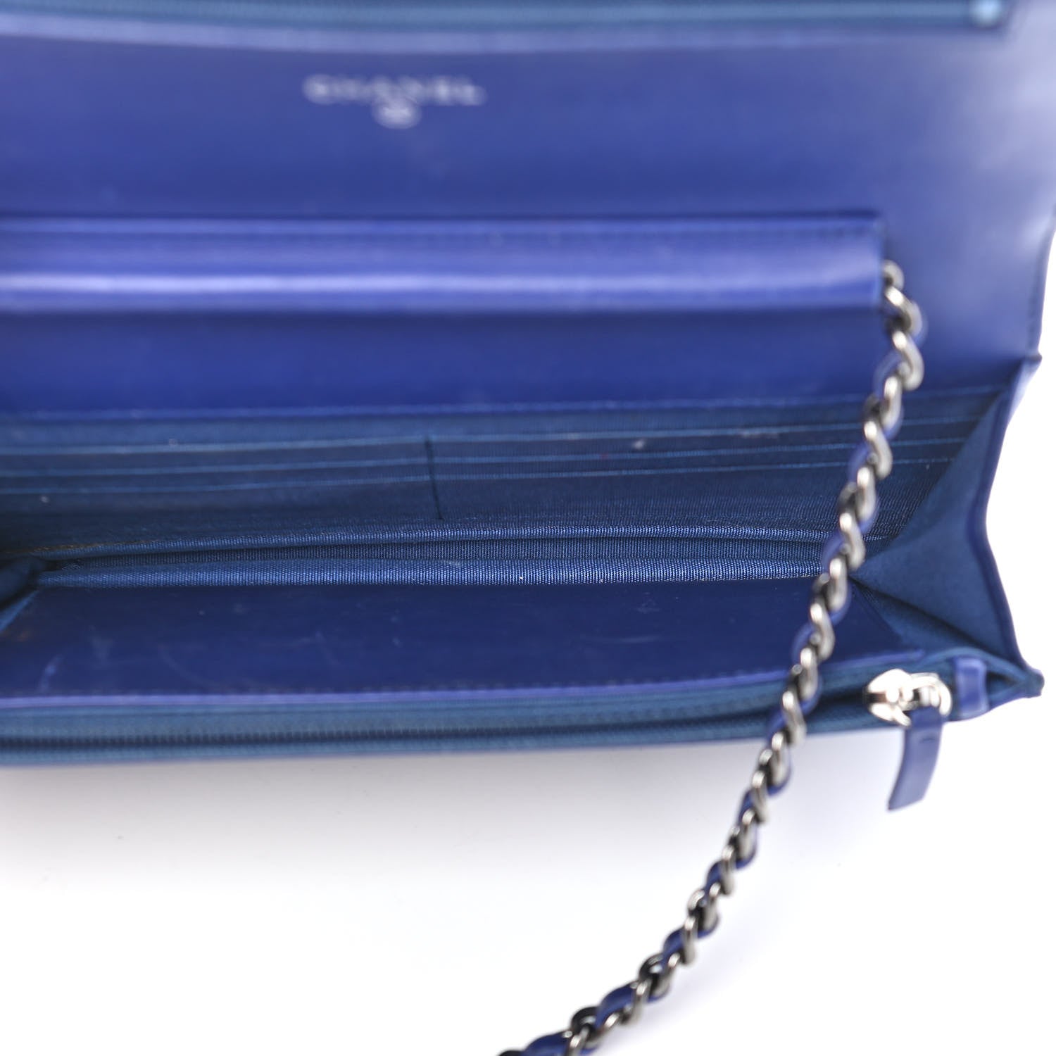 Chanel Grained Patent Calfskin Timeless Wallet On Chain WOC Blue 4 of 11
