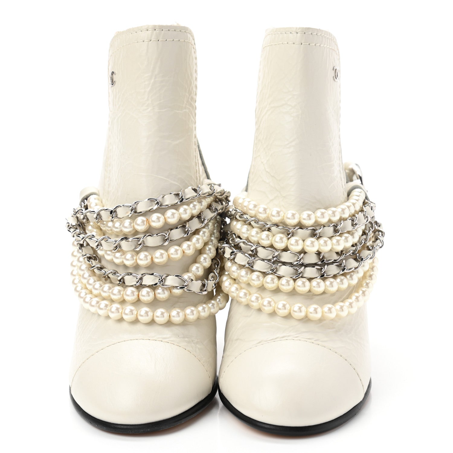 Chanel Crackled Calfskin Pearl Chain CC Short Boots 35 White 2 of 10