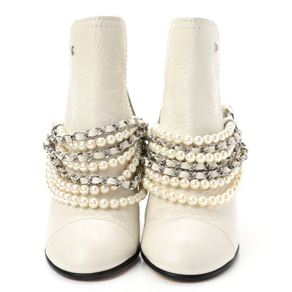 Chanel Crackled Calfskin Pearl Chain CC Short Boots 35 White 2 of 10