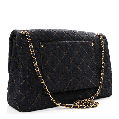Chanel Denim Quilted XXL Travel Flap Bag Dark Blue Orange 2 of 10