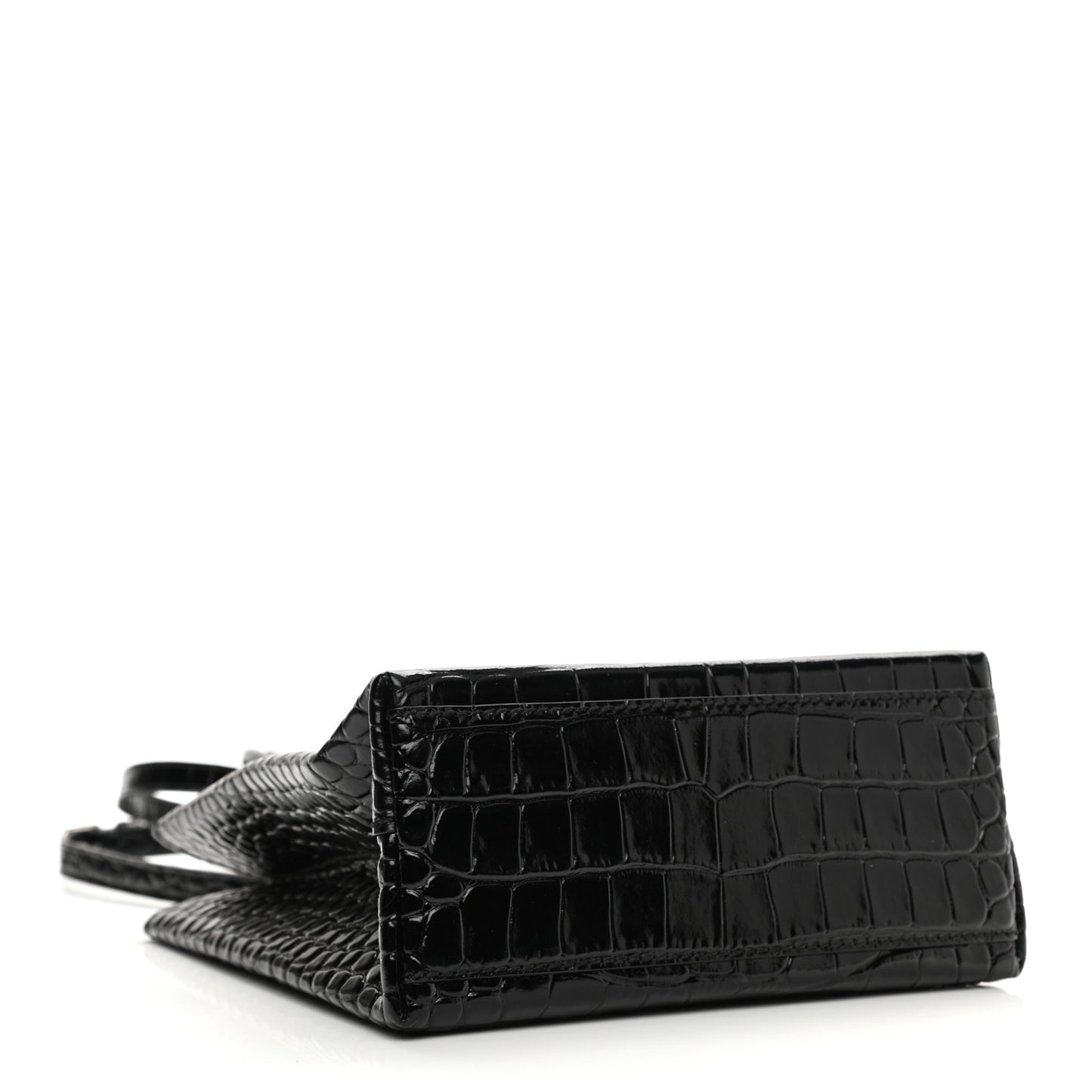 Shiny Calfskin Logo Crocodile Embossed North South Shopper Tote XXS Black White