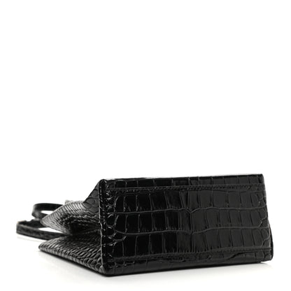 Balenciaga Shiny Calfskin Logo Crocodile Embossed North South Shopper Tote XXS Black White 4 of 10