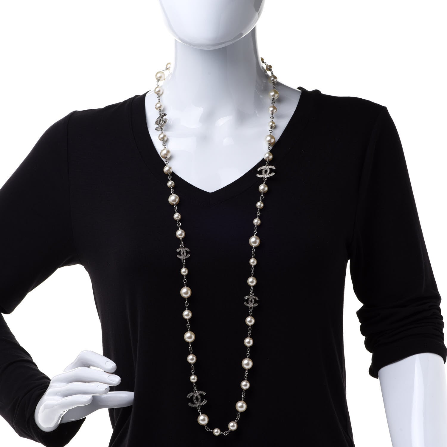 Chanel Crystal Pearl CC Long Necklace Silver 2 of 6