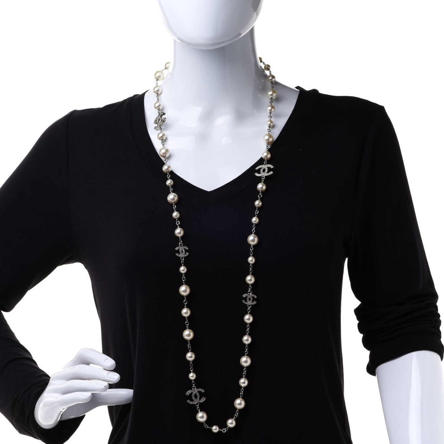 Graduated Pearl Crystal CC Long Necklace Silver