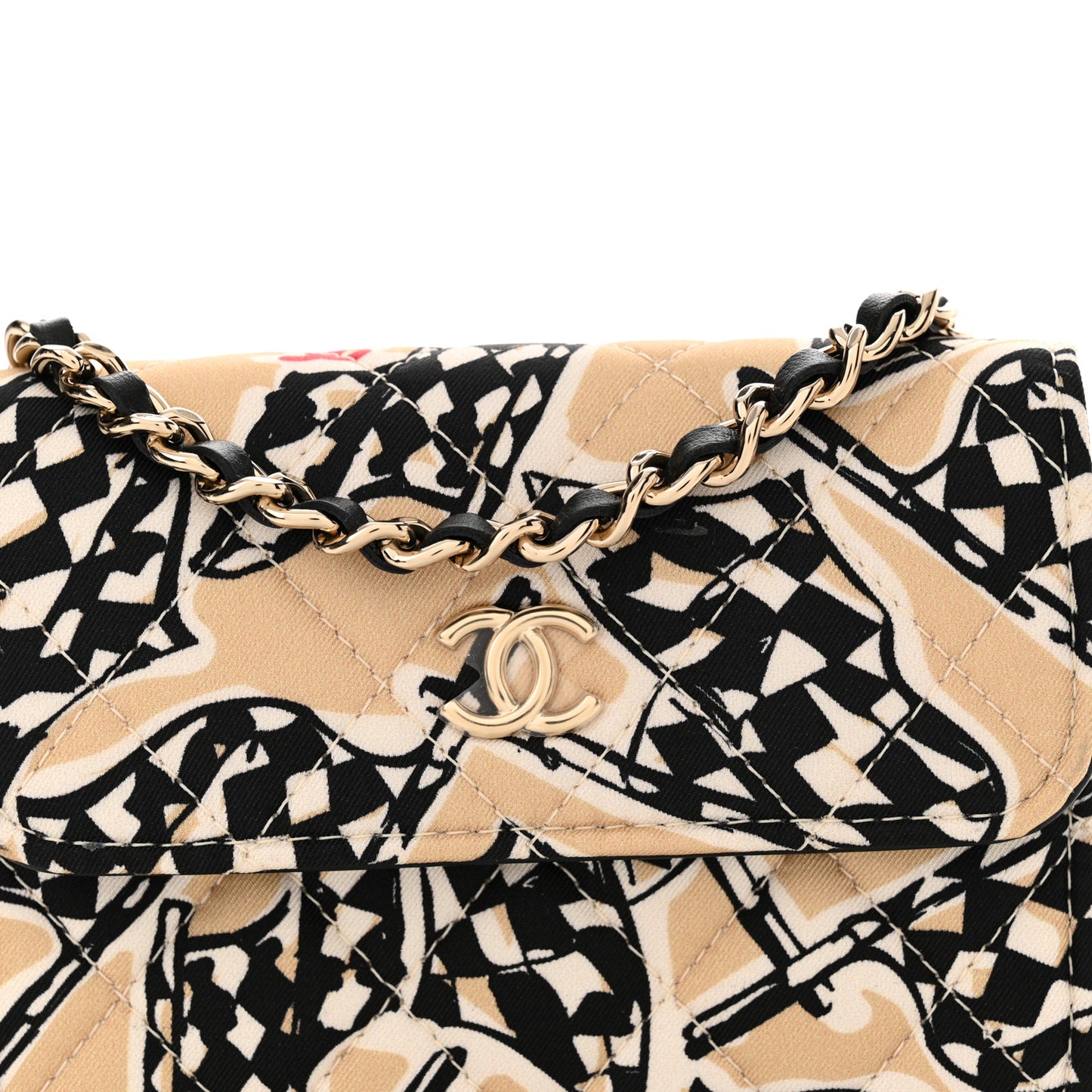 Canvas Check Flag Printed CC Clutch With Chain Beige Multicolor