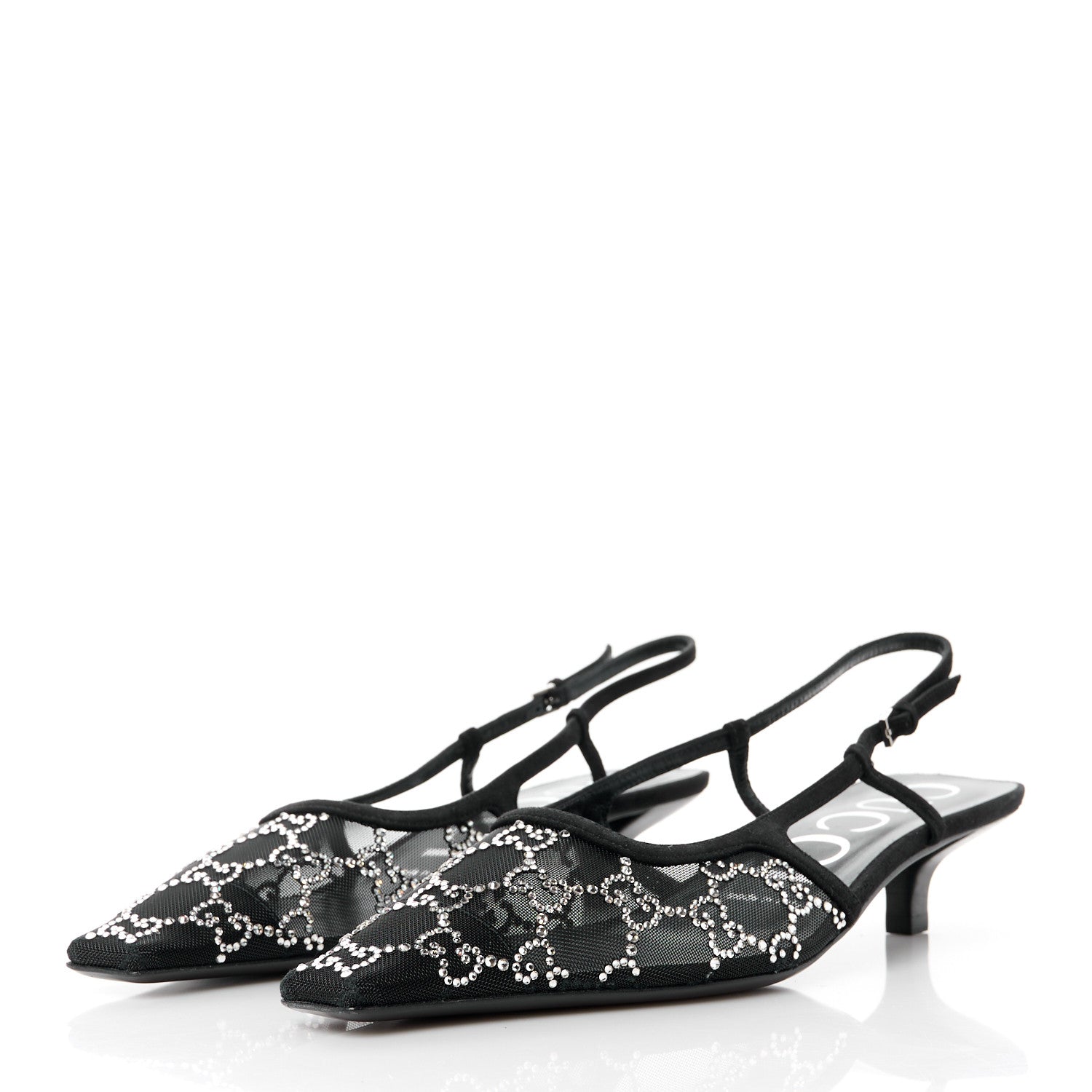 Gucci Tela Retino Kid Scamosciato Crystal GG Monogram Square G 35mm Slingback Pumps 38.5 Black 3 of 10