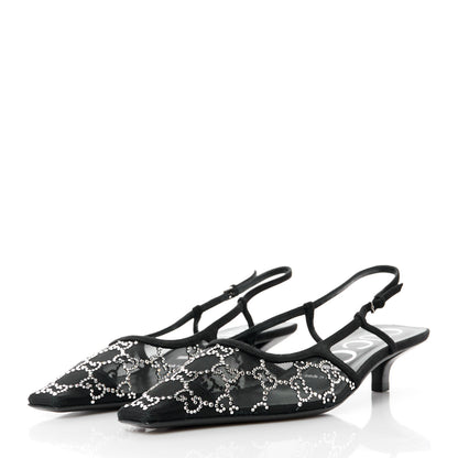 Gucci Tela Retino Kid Scamosciato Crystal GG Monogram Square G 35mm Slingback Pumps 38.5 Black 3 of 10