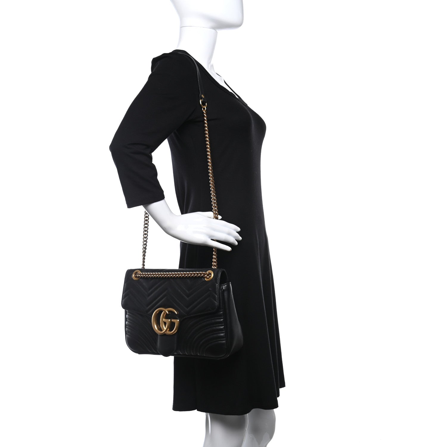 Gucci Calfskin Matelasse Medium GG Marmont Shoulder Bag Black 2 of 11