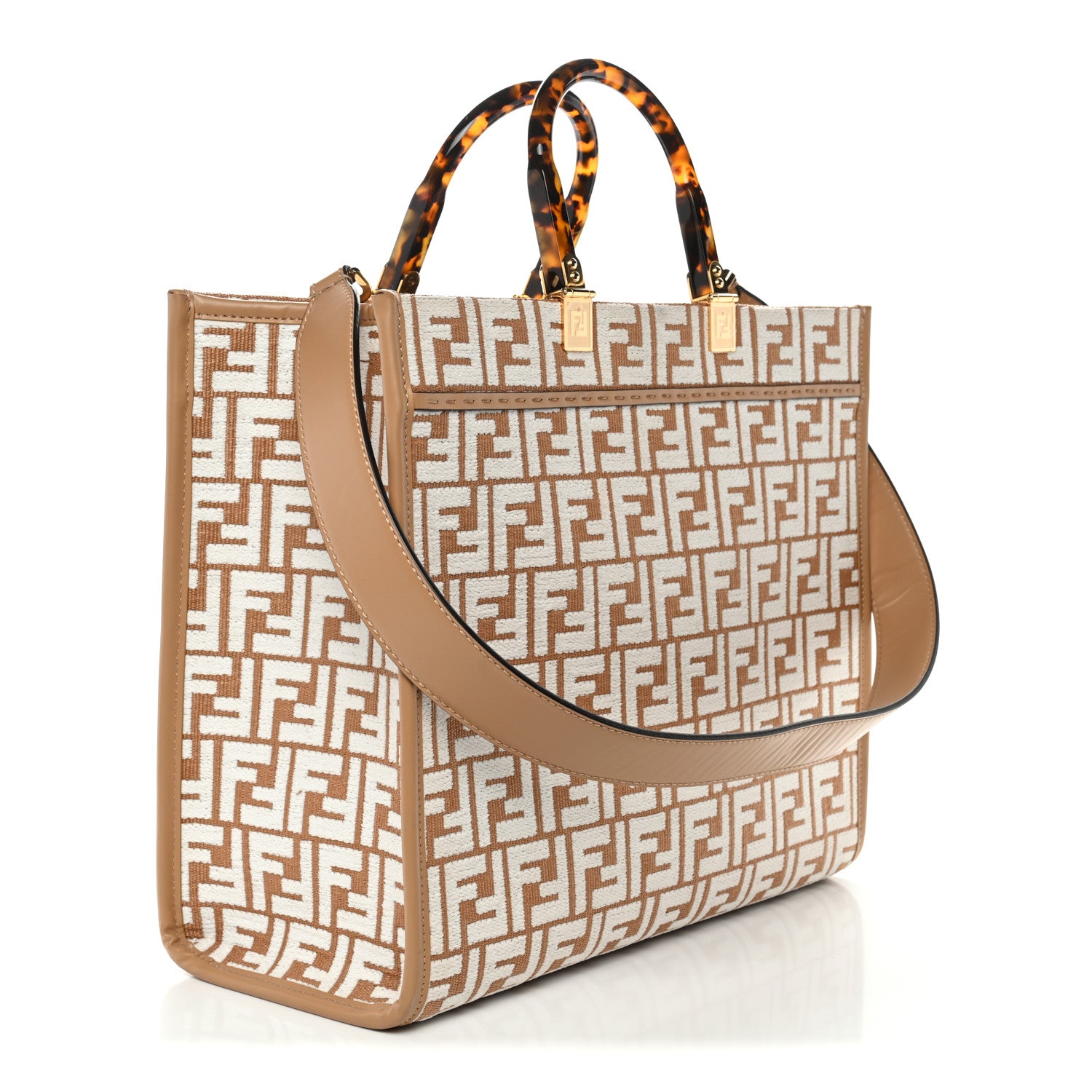 Fendi Woven Fabric Calfskin FF Medium Fendi Sunshine Shopper Tote Natural White Dark Honey 3 of 10
