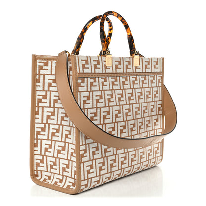 Fendi Woven Fabric Calfskin FF Medium Fendi Sunshine Shopper Tote Natural White Dark Honey 3 of 10