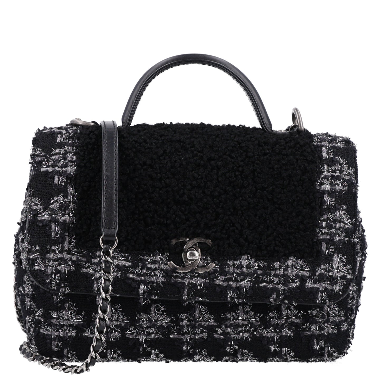 Shearling Tweed Medium Handle Boy Flap Black Grey