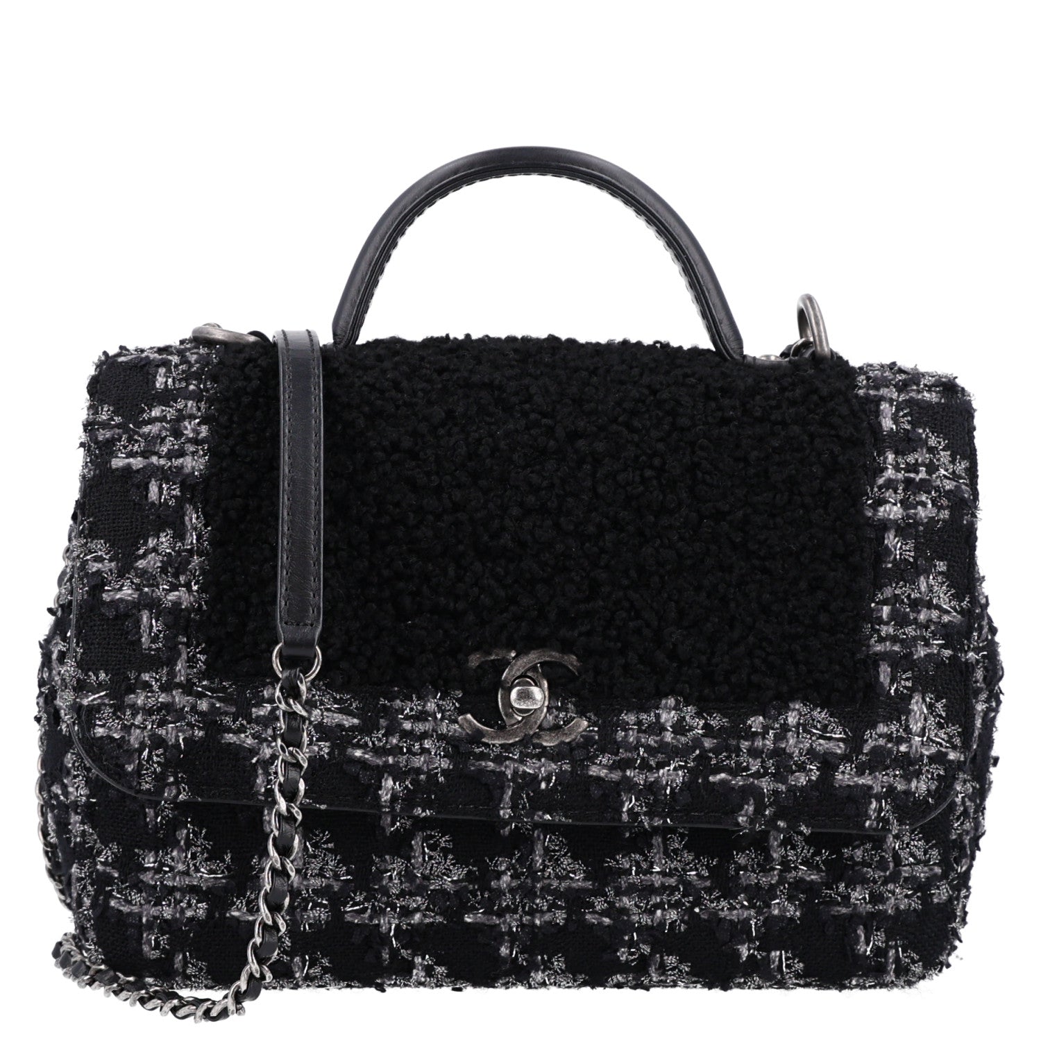 Chanel Shearling Tweed Medium Handle Boy Flap Black Grey 1 of 10