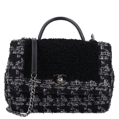 Chanel Shearling Tweed Medium Handle Boy Flap Black Grey 1 of 10