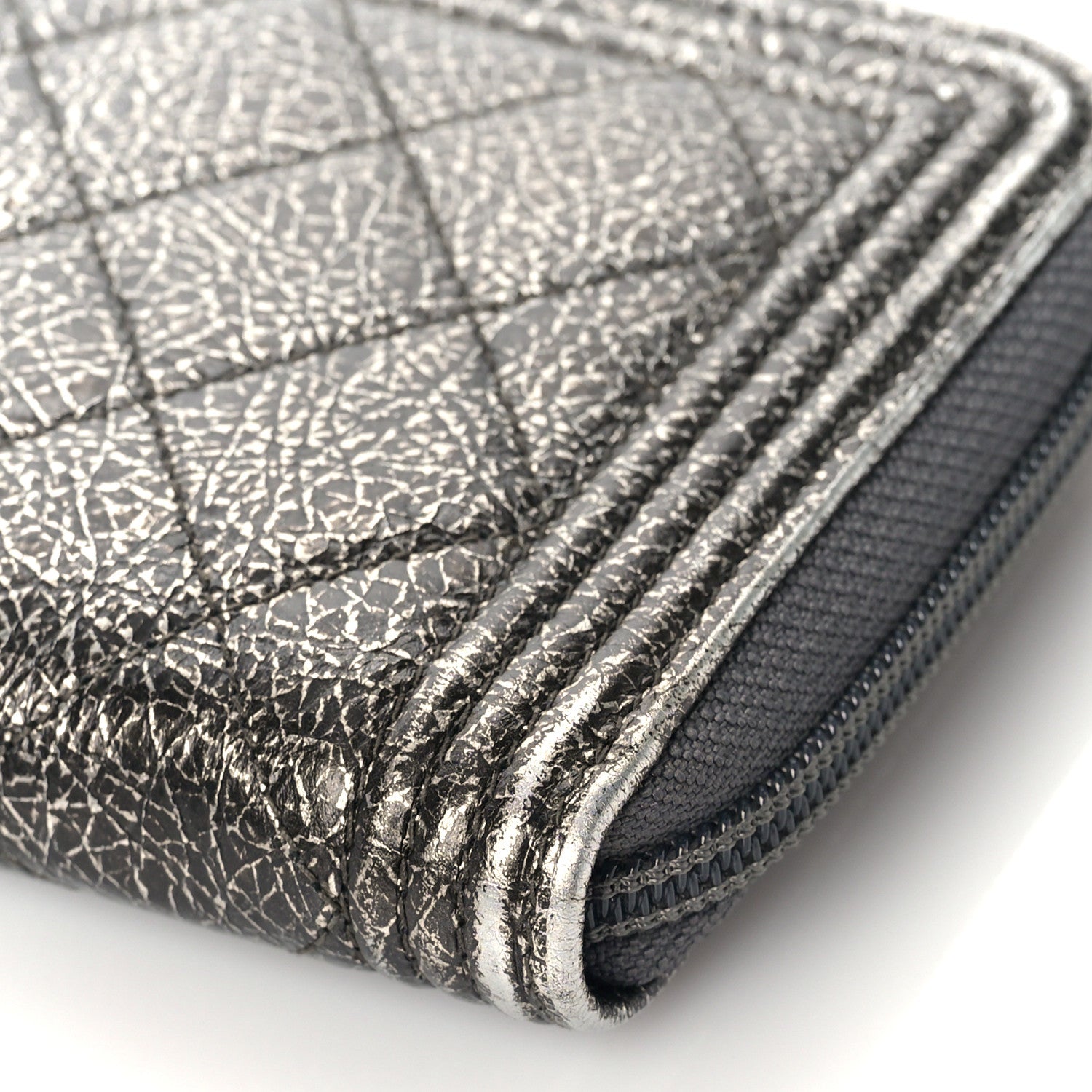 Chanel Cracked Metallic Calfskin Quilted Boy Long Zip Around Wallet Dark Silver 10 of 11