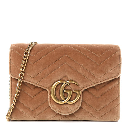 Gucci Velvet Matelasse GG Marmont Chain Wallet Taupe 1 of 12