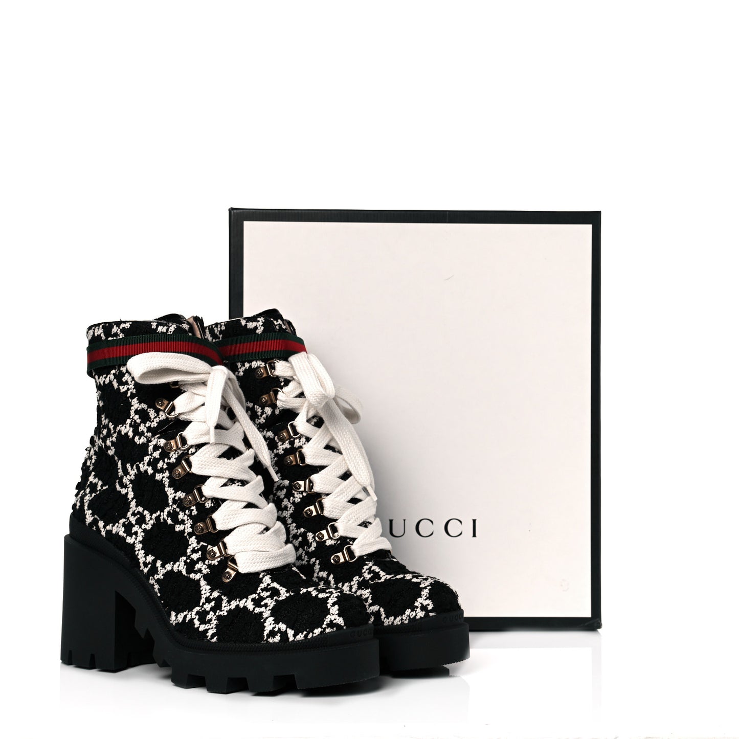 Tweed GG Monogram Lace Up Combat Ankle Boots 42 Black