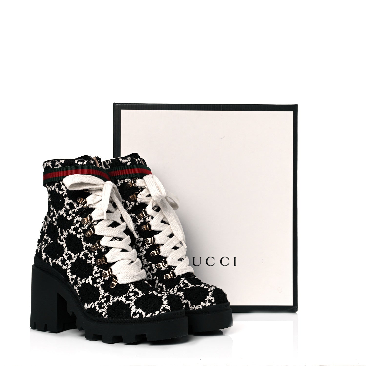 Gucci Tweed GG Monogram Lace Up Combat Ankle Boots 42 Black 9 of 9