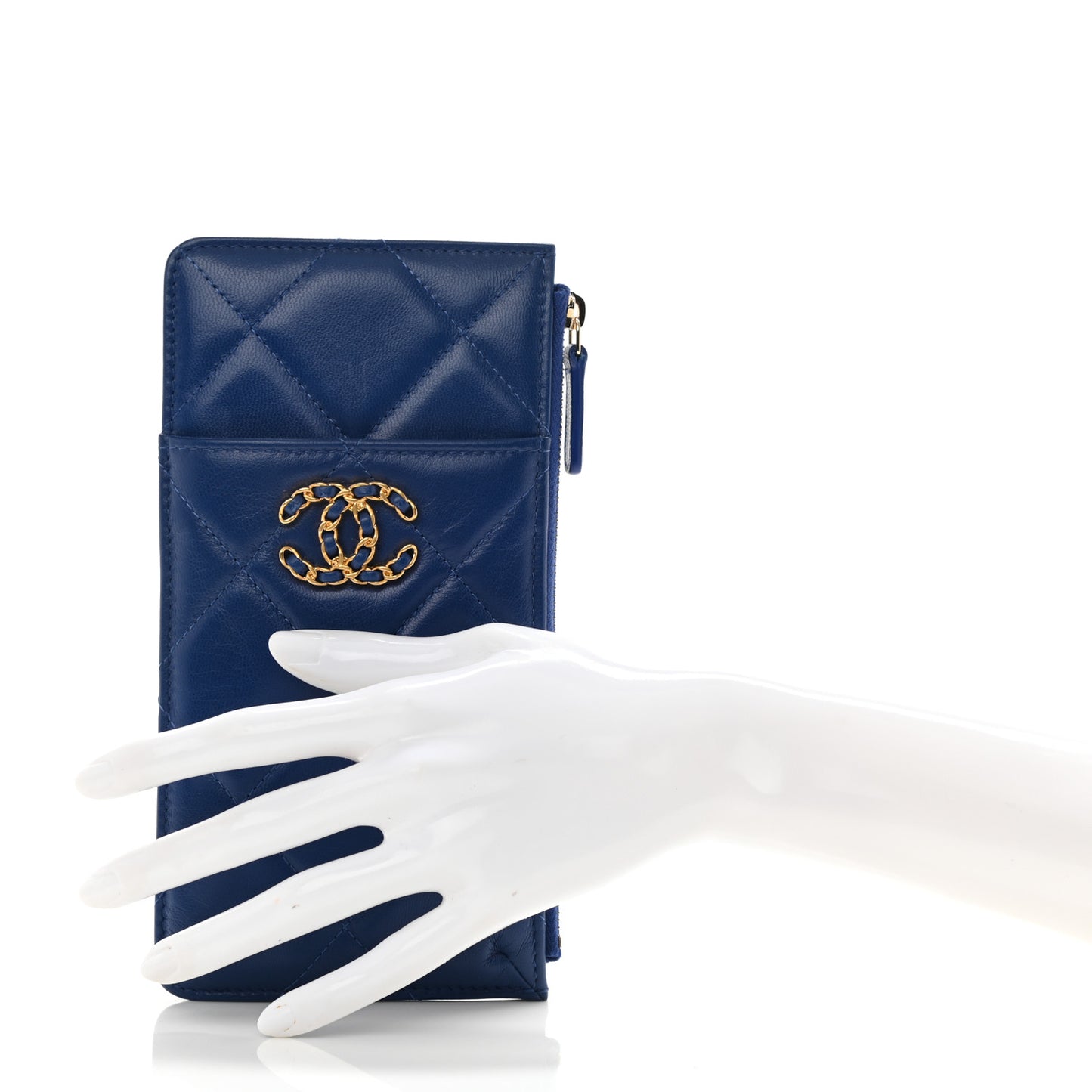 Shiny Goatskin Quilted Chanel 19 Flat Wallet Pouch Blue