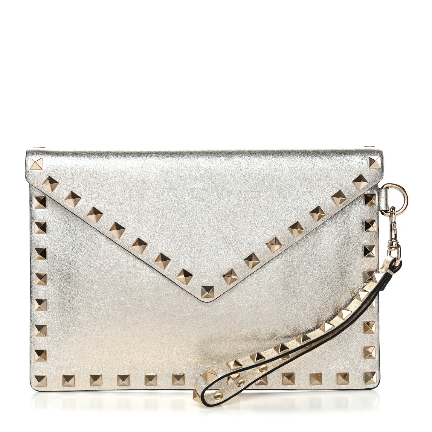 Metallic Calfskin Medium Rockstud Envelope Flat Wristlet Pouch Sahara