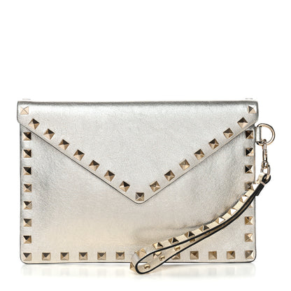 Valentino Garavani Metallic Calfskin Medium Rockstud Envelope Flat Wristlet Pouch Sahara 1 of 8