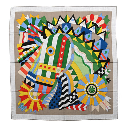 Hermes Cashmere Silk Cheval De Fete Shawl 140 Gris Chine Vert Jaune 1 of 6