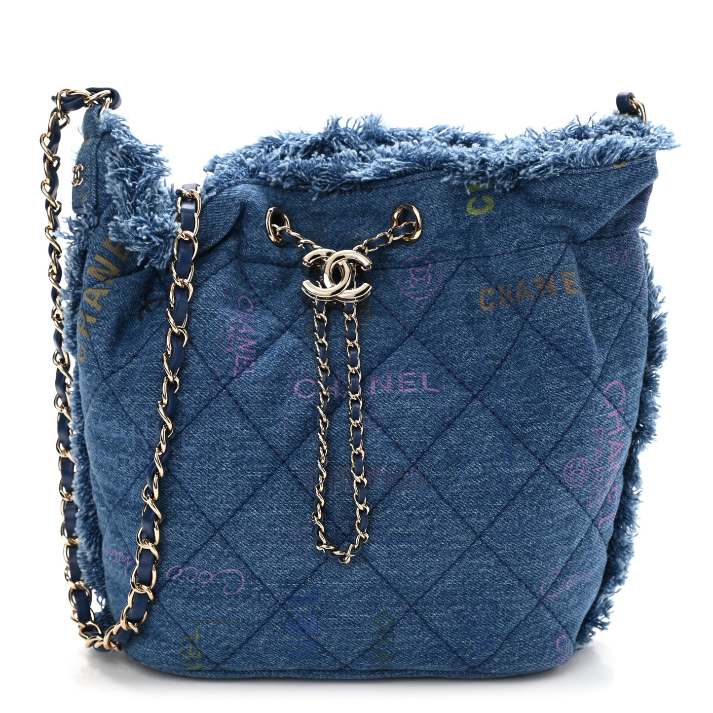 Denim Quilted Mood Bucket With Chain Blue Multicolor