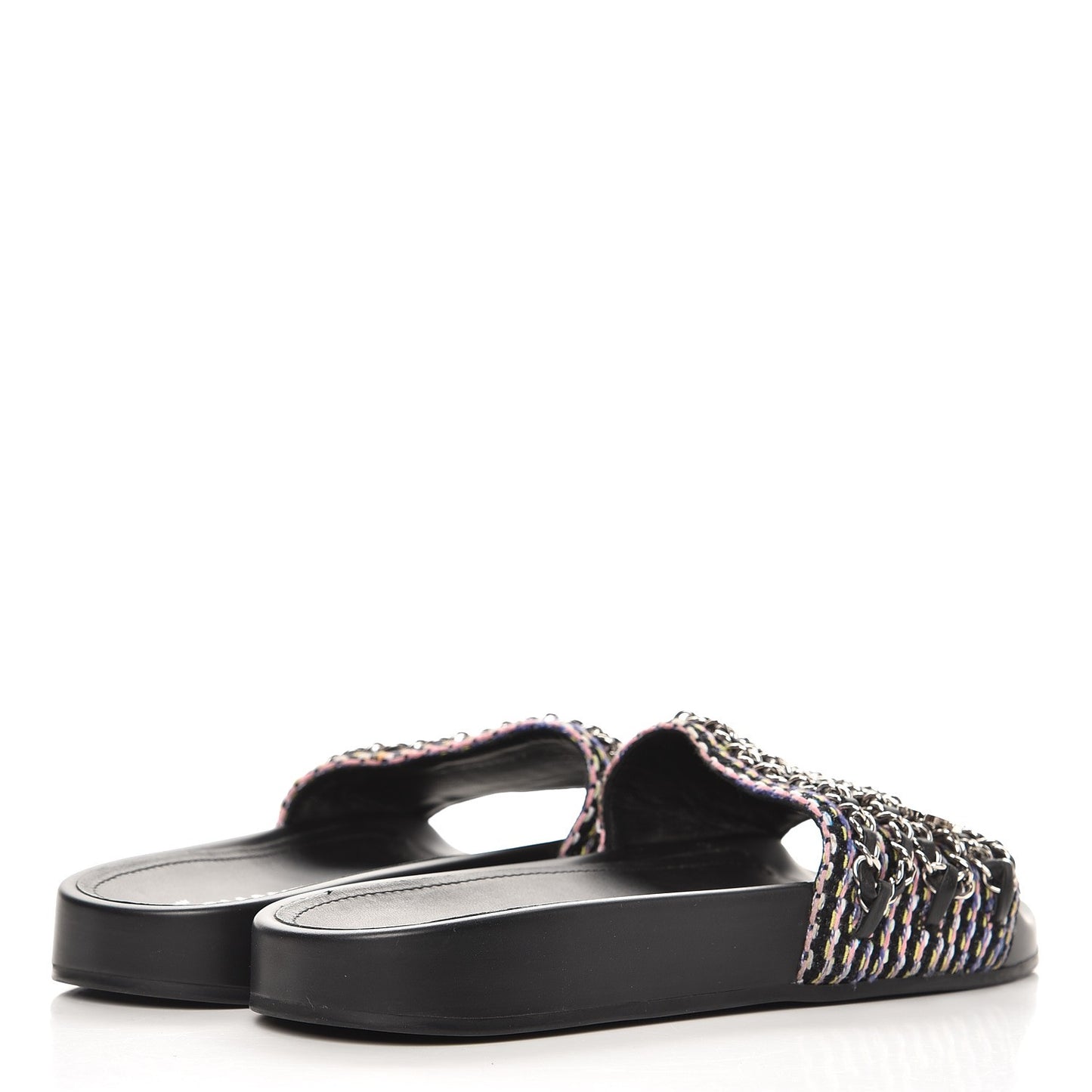 Tweed Lambskin Chain Flat Sandals 38 Black Multicolor