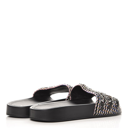 Chanel Tweed Lambskin Chain Flat Sandals 38 Black Multicolor 4 of 8