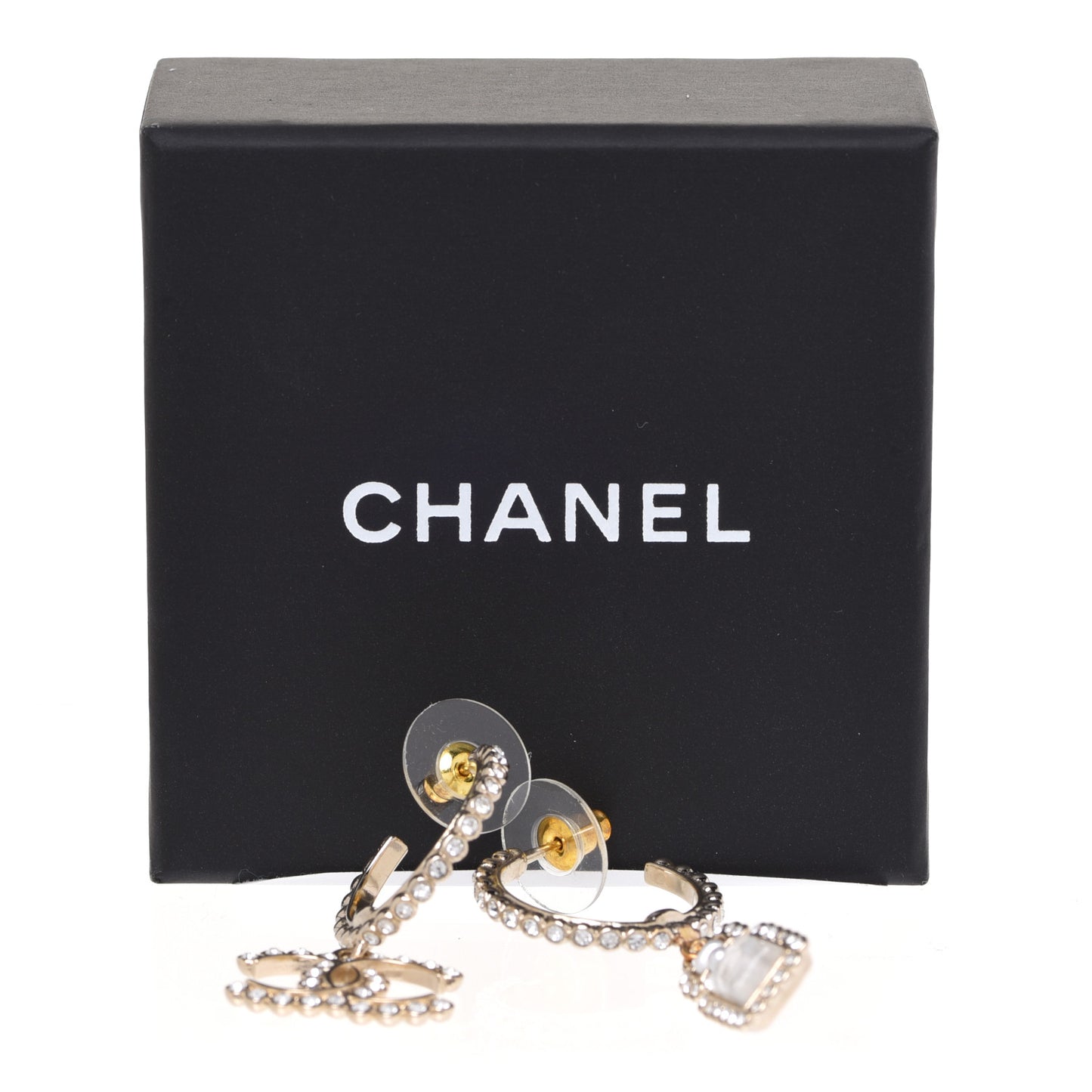 Crystal Pearl CC Perfume Bottle Drop Hoop Earrings Gold