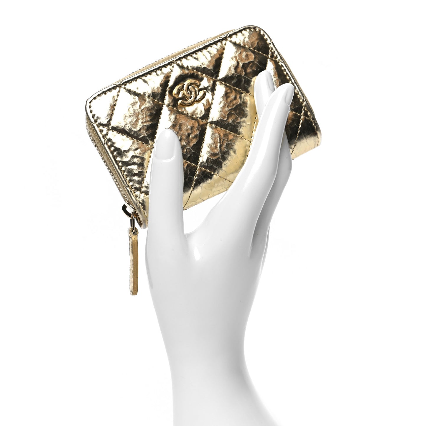Hammered Metallic Calfskin Quilted Zip Coin Purse Gold