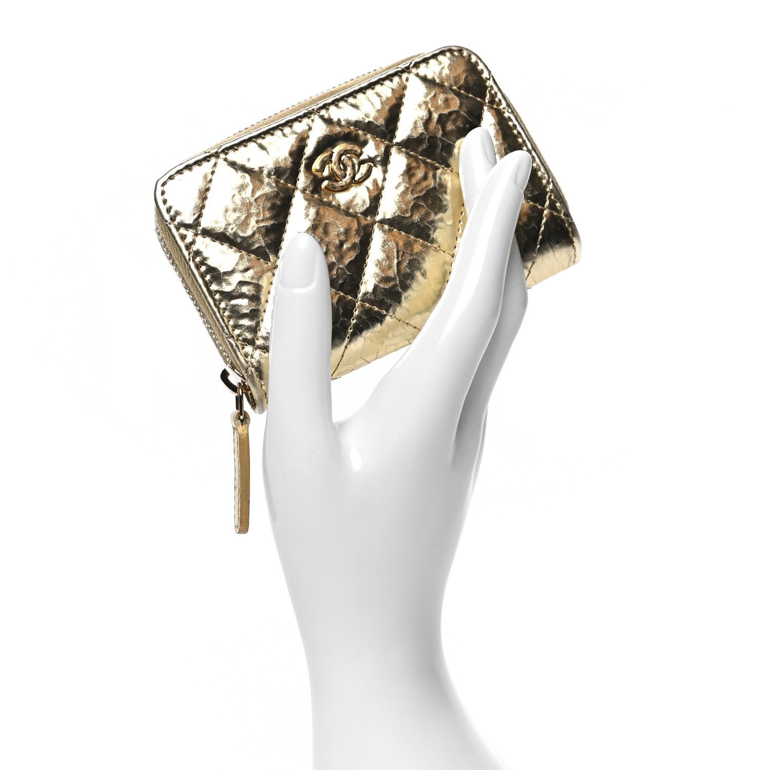 Chanel Hammered Metallic Calfskin Quilted Zip Coin Purse Gold 2 of 10