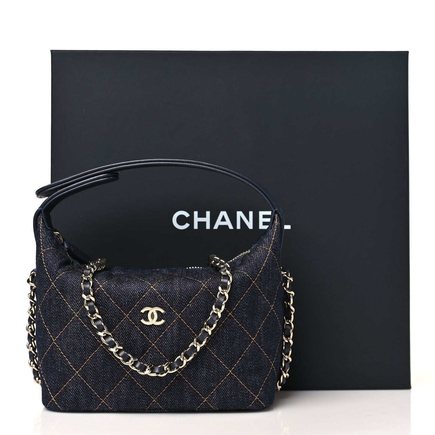 Denim Quilted Hobo Clutch With Chain Dark Blue Orange