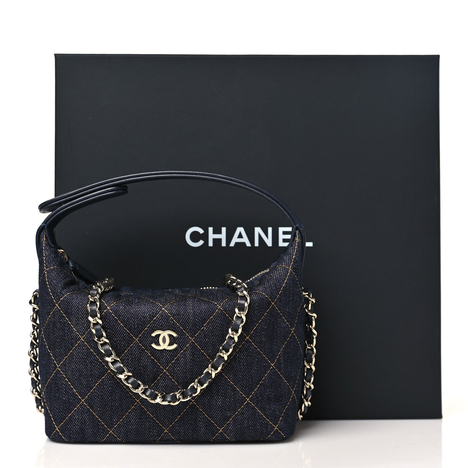 Chanel Denim Quilted Hobo Clutch With Chain Dark Blue Orange 11 of 11