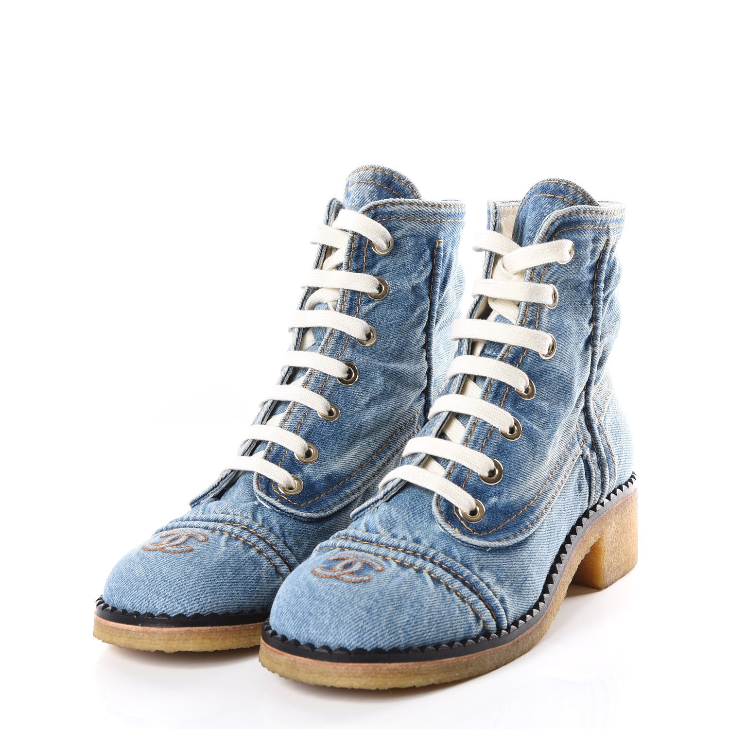 Chanel Denim Lace Up Boots 38.5 Light Blue 2 of 9