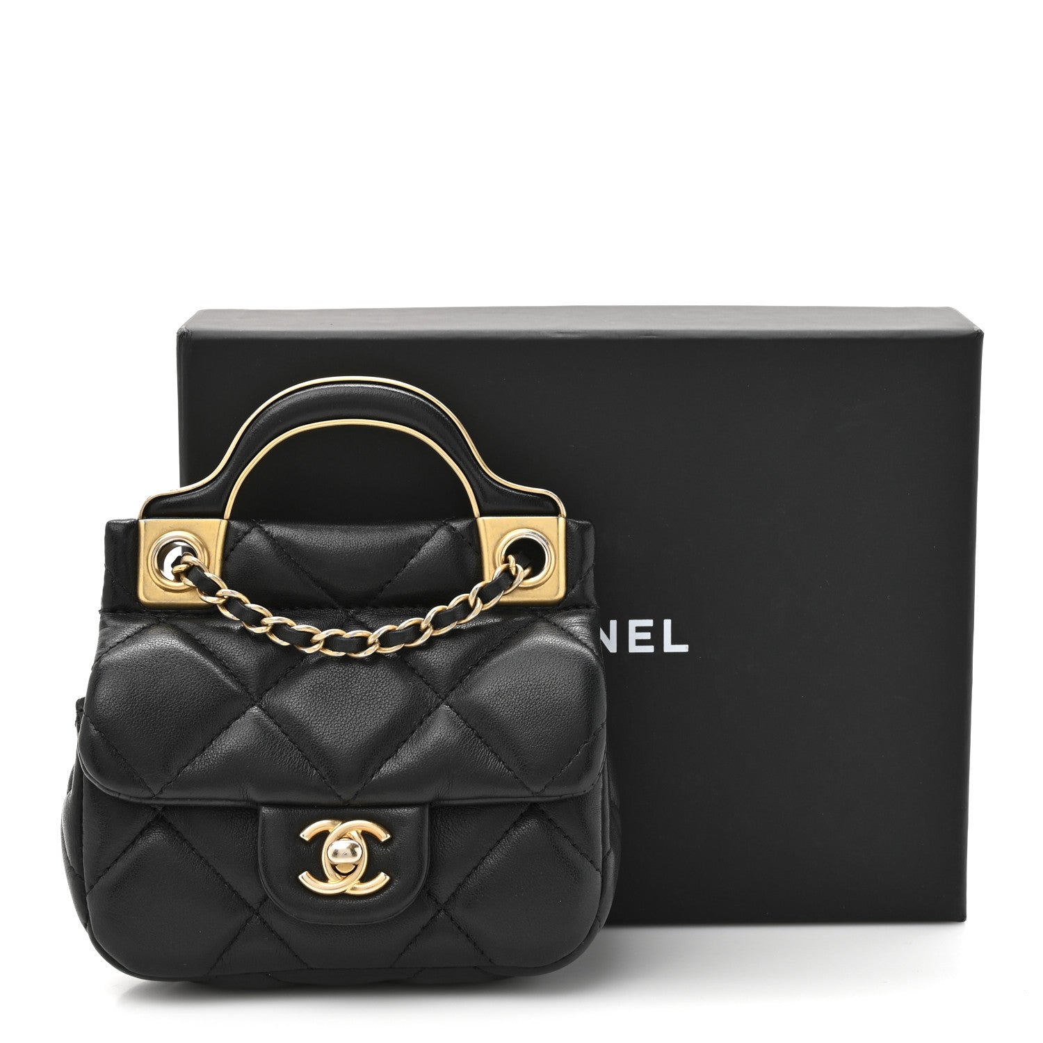 Chanel Calfskin Quilted Lady Handle Flap Card Holder With Chain Black 11 of 11