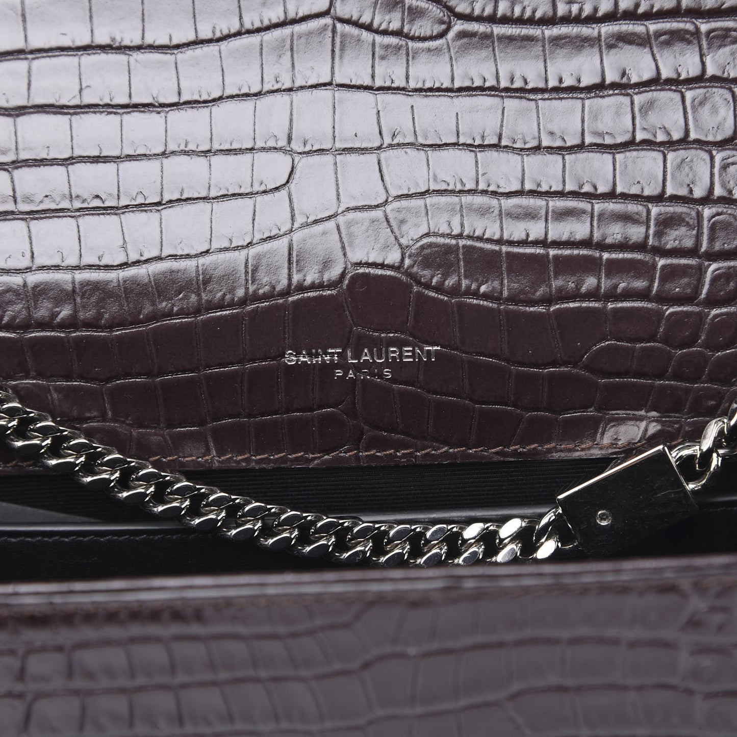 Calfskin Crocodile Embossed Medium Classic Monogram Kate Tassel Satchel Dark Brown