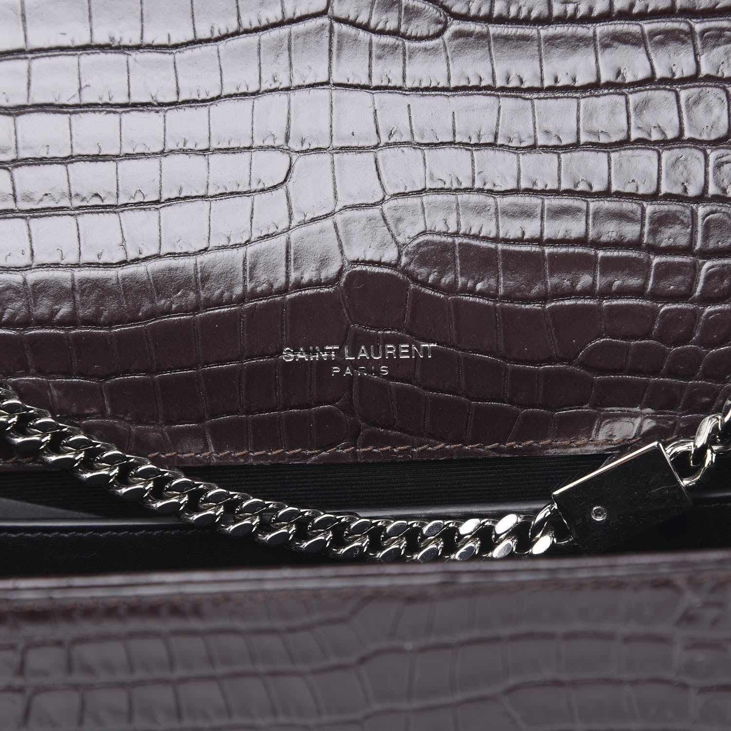 Saint Laurent Calfskin Crocodile Embossed Medium Classic Monogram Kate Tassel Satchel Dark Brown 6 of 10