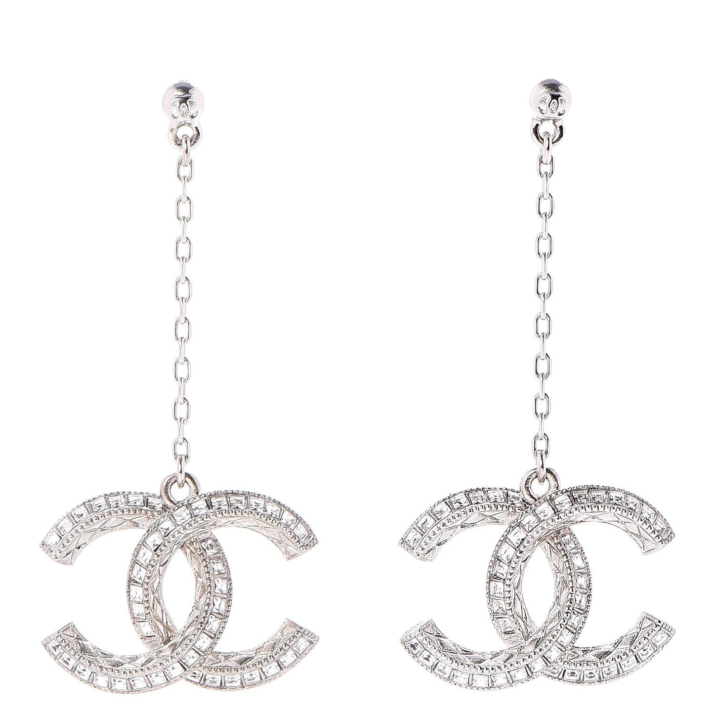 Baguette Crystal CC Drop Earrings Silver