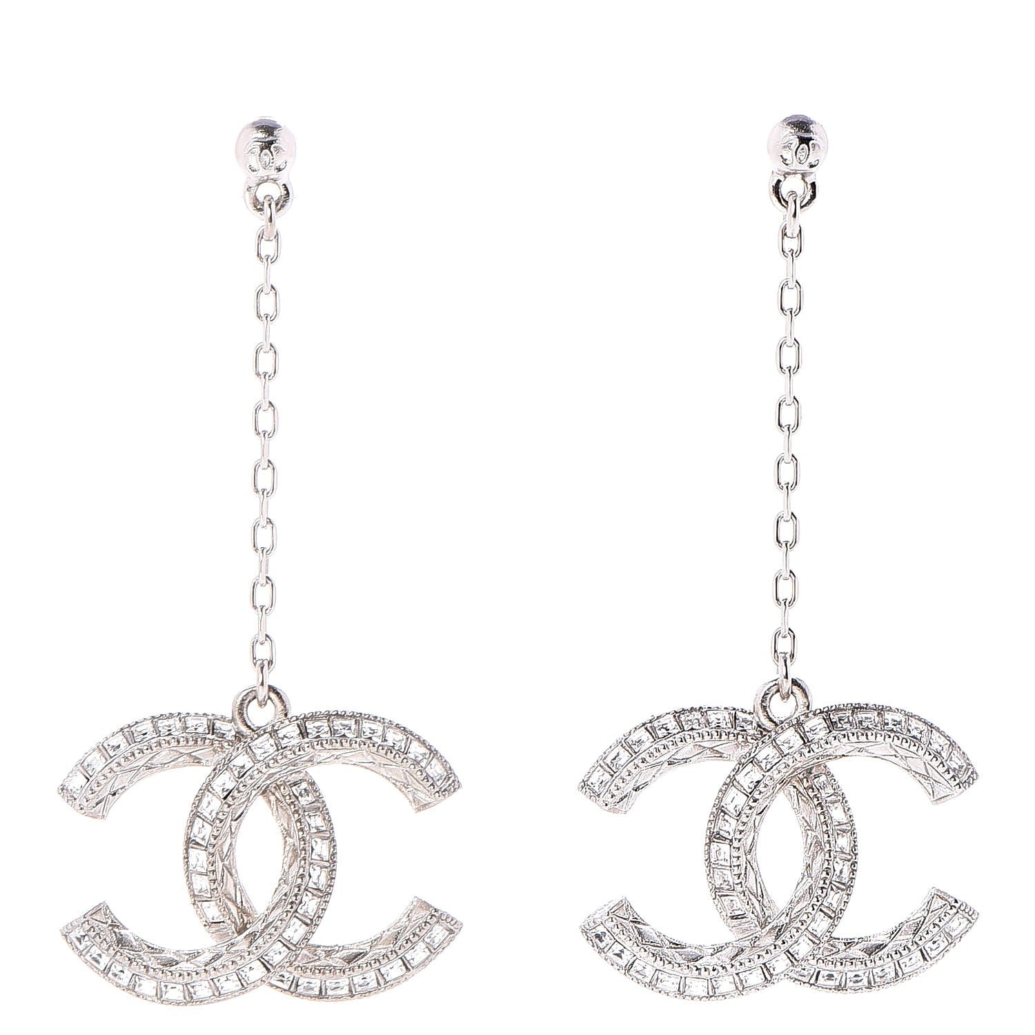 Chanel Baguette Crystal CC Drop Earrings Silver 1 of 4