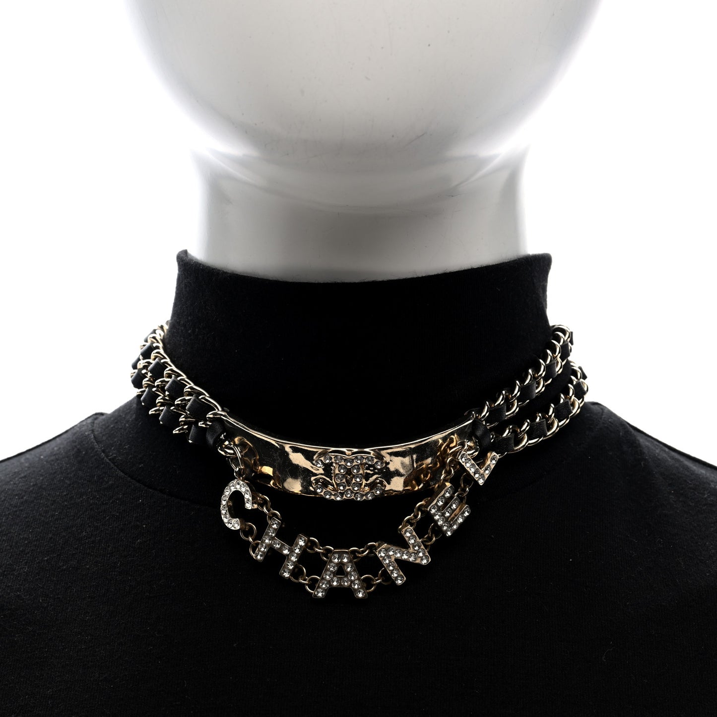 Crystal Lambskin CC Logo Choker Gold Black